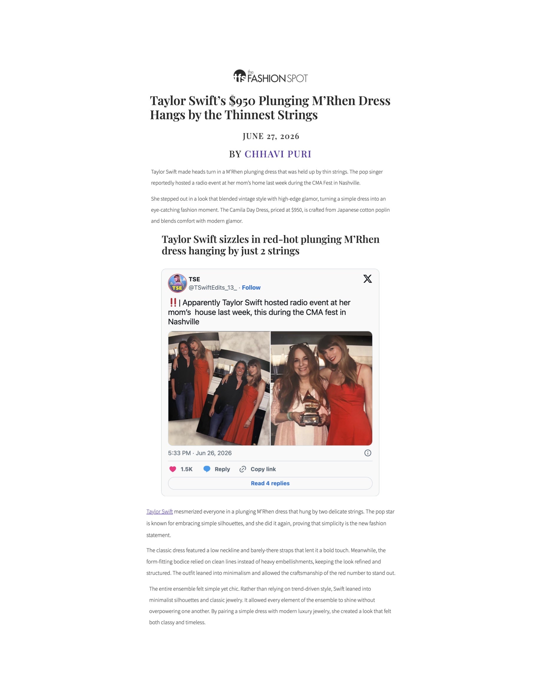 The Fashion Spot: Taylor Swift wearing M’RHEN