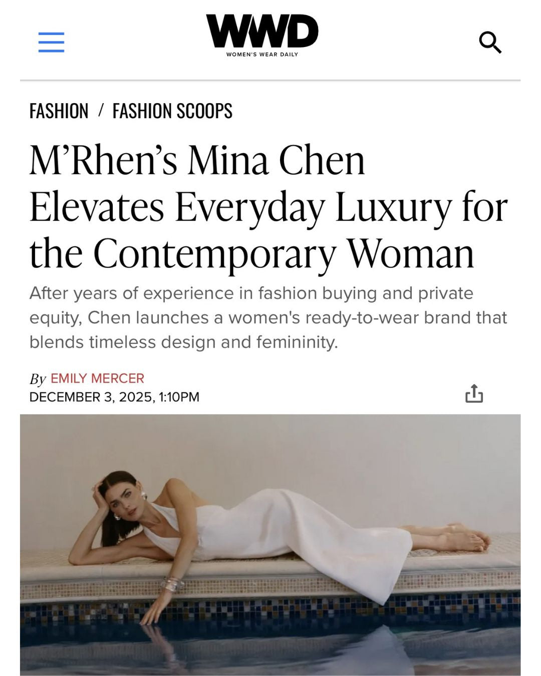 WWD "M’Rhen’s Mina Chen Elevates Everyday Luxury for the Contemporary Woman"