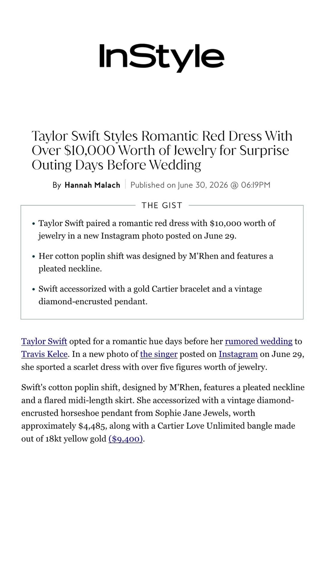 InStyle: Taylor Swift Styles Romantic M’RHEN Red Camila Dress With Over $10,000 Worth of Jewelry for Surprise Outing Days Before Wedding